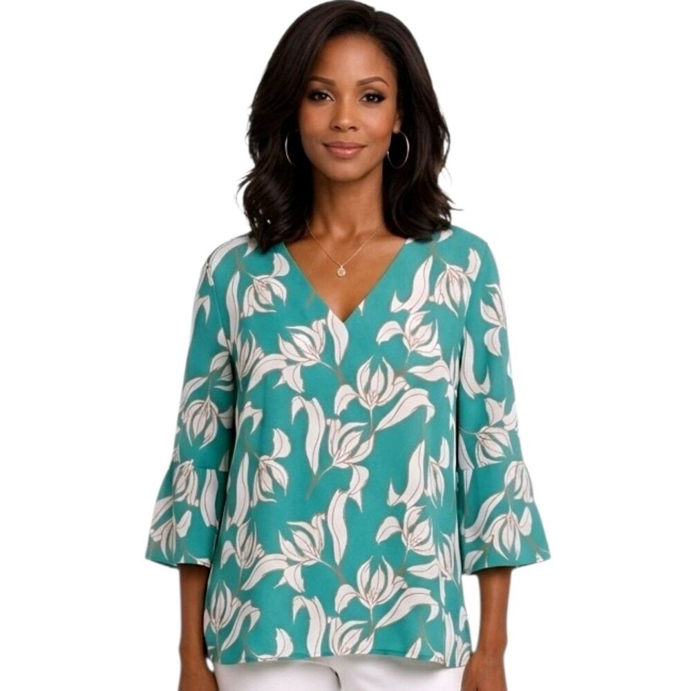 41 Hawthorn Green & White Floral V-neck 3/4 Sleeve Blouse Size L NWOT